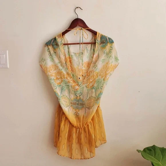 Free People Floral & Paisley Tunic Top V-Back Beach Cover Up w/Cinched Waist - Picture 8 of 8